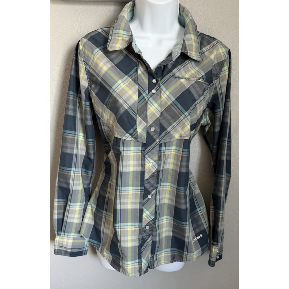 Simms Fishing Shirt Womens Large Pearl Snap Plaid Western Long Sleeve Button Up